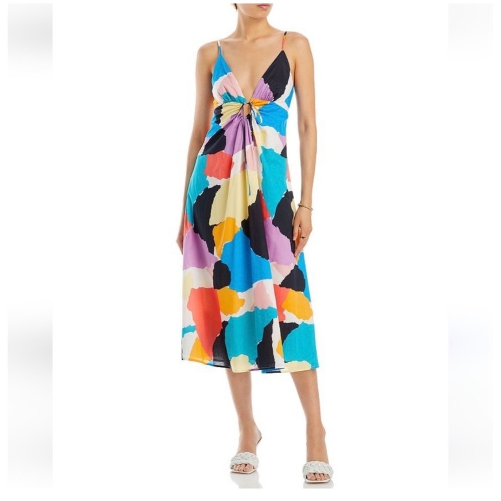 Rails Sabina Abstract Print V Neck Smocked Midi Dress Women's Size Small